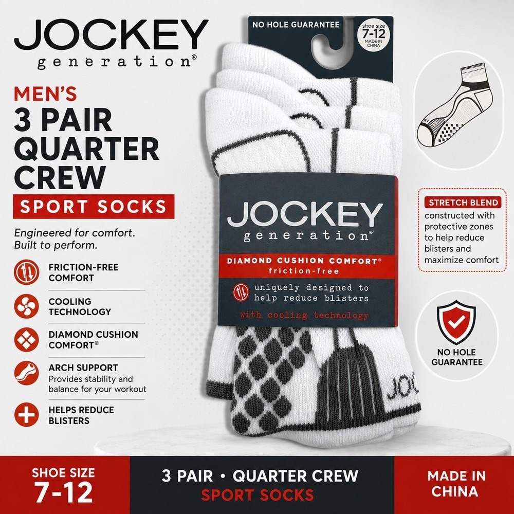 Jockey Generation Mens 3 Pack Quarter Crew Sport Socks White Grey Size 7-12 New